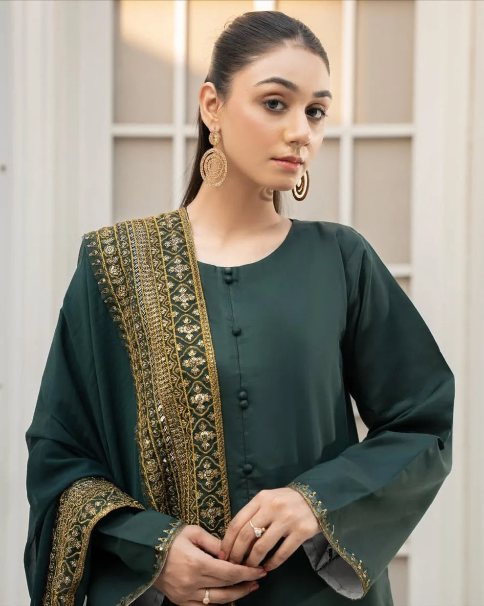 DHANAK -3PC Embroidered Shirt with Sequins Embroidered Dupatta- 8004 B Green