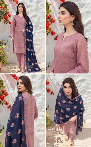 Dhanak-3PC Embroidered Shirt with Dhanak Embroidered Dupatta teapink