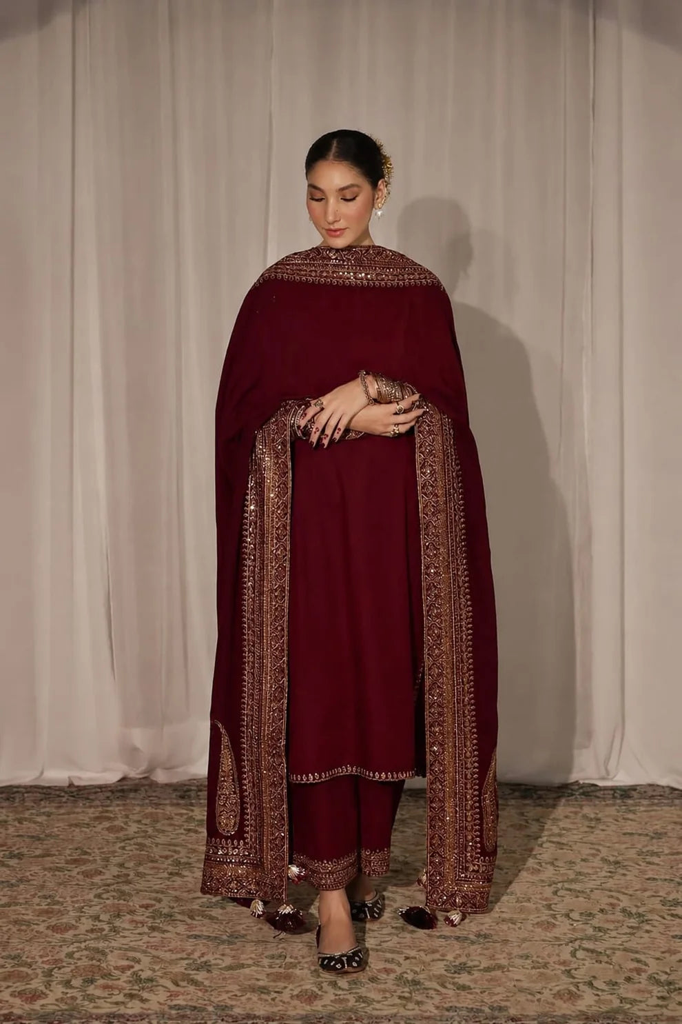 DHANAK -3PC Embroidered Shirt with Sequins Embroidered Dupatta- 8004 B Mehroon