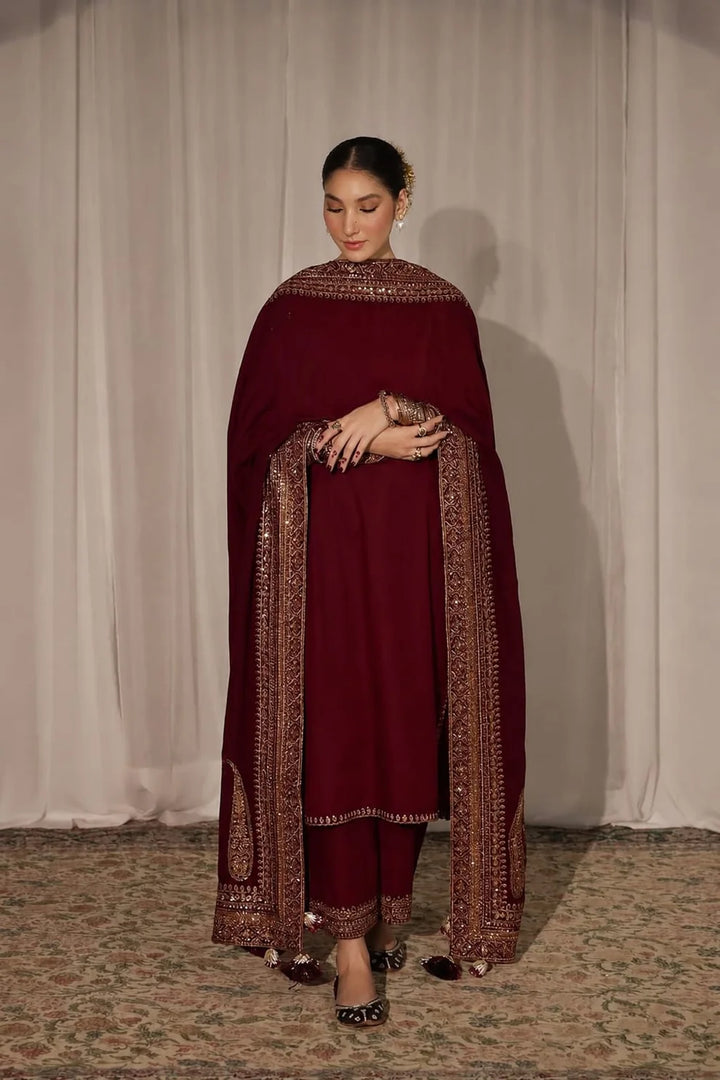 DHANAK -3PC Embroidered Shirt with Sequins Embroidered Dupatta- 8004 B Mehroon