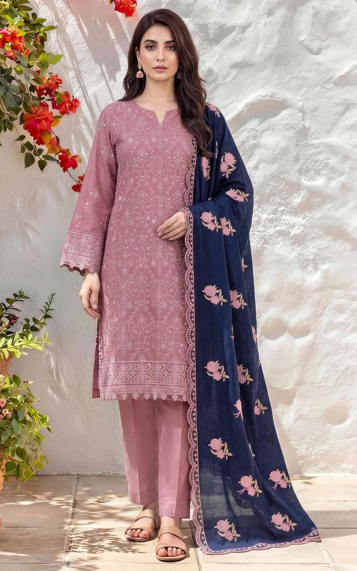 Dhanak-3PC Embroidered Shirt with Dhanak Embroidered Dupatta teapink
