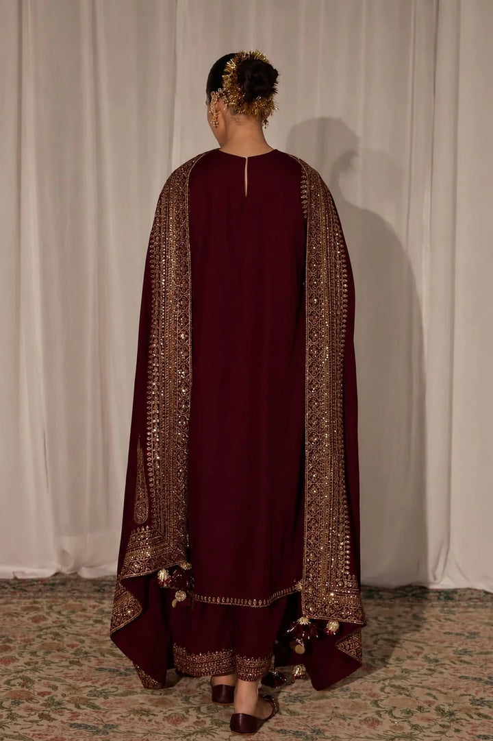 DHANAK -3PC Embroidered Shirt with Sequins Embroidered Dupatta- 8004 B Mehroon