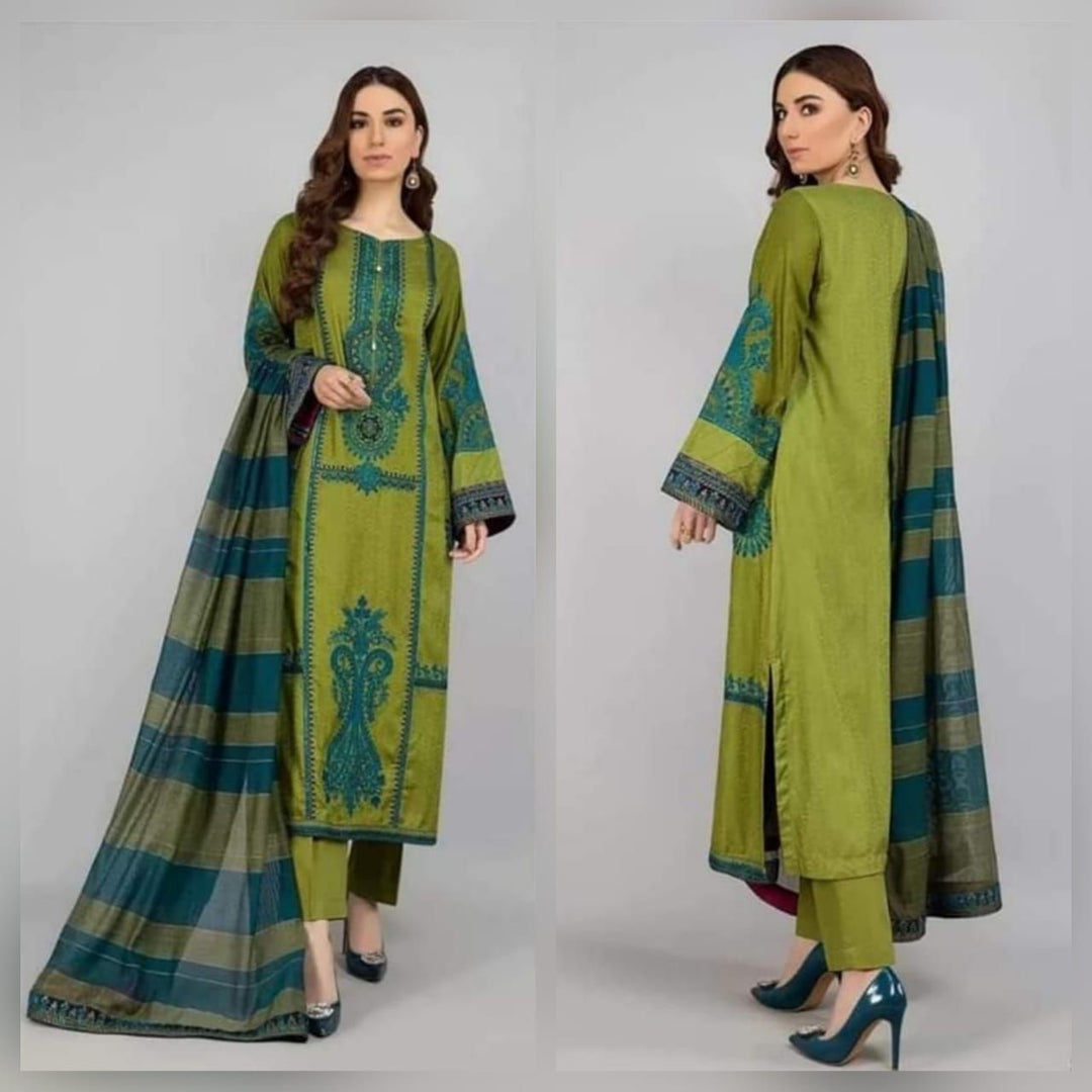 3PC DHANAK EMBROIDERED SHIRT WITH DHANAK EMBROIDERED SHAWL AND TROUSER-BIC-5031