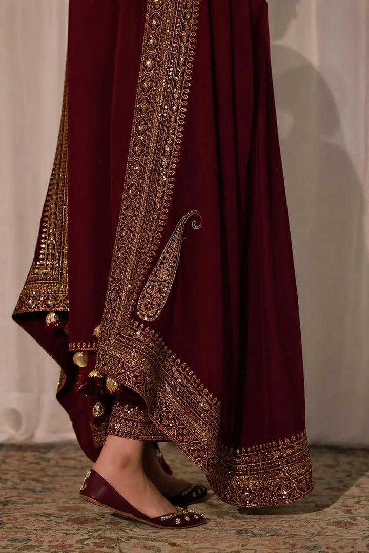 DHANAK -3PC Embroidered Shirt with Sequins Embroidered Dupatta- 8004 B Mehroon