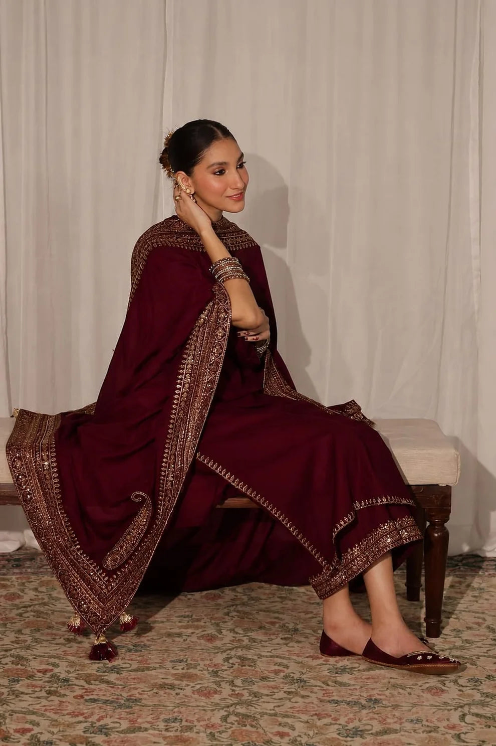 DHANAK -3PC Embroidered Shirt with Sequins Embroidered Dupatta- 8004 B Mehroon