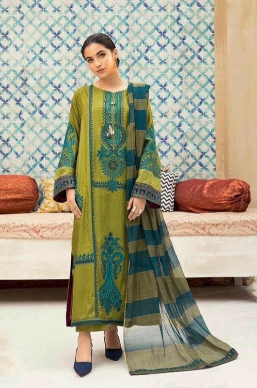 3PC DHANAK EMBROIDERED SHIRT WITH DHANAK EMBROIDERED SHAWL AND TROUSER-BIC-5031